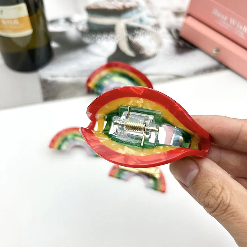 1pc Rainbow Grab Clip, niche semi-circular splicing hair clip, personalized lucky rainbow shark clip, bangs clip, hair accessory