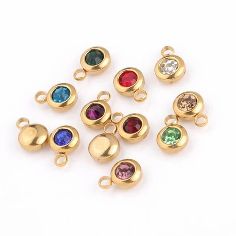 New 60 piece/lot Stainless Steel Crystal Pendant steel Gold Color 12 Birthstone Charm Round 6mm 6.5mm Rhinestones Charms