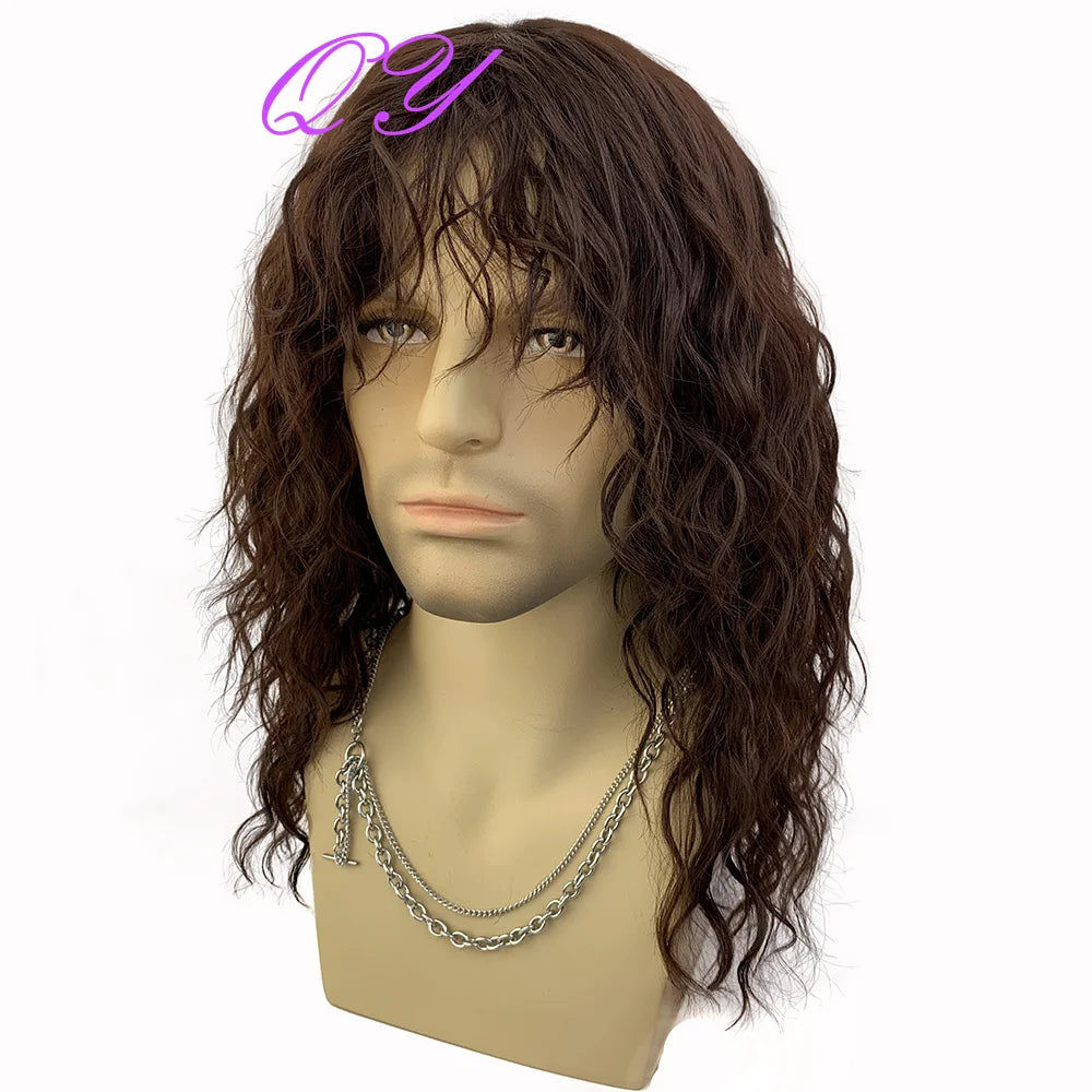 Synthetic Men Wig Natural Curly Dark Brown Color Male Wig With Bangs Water Wave Daily or Cosplay Adjustable Man Hair Wig