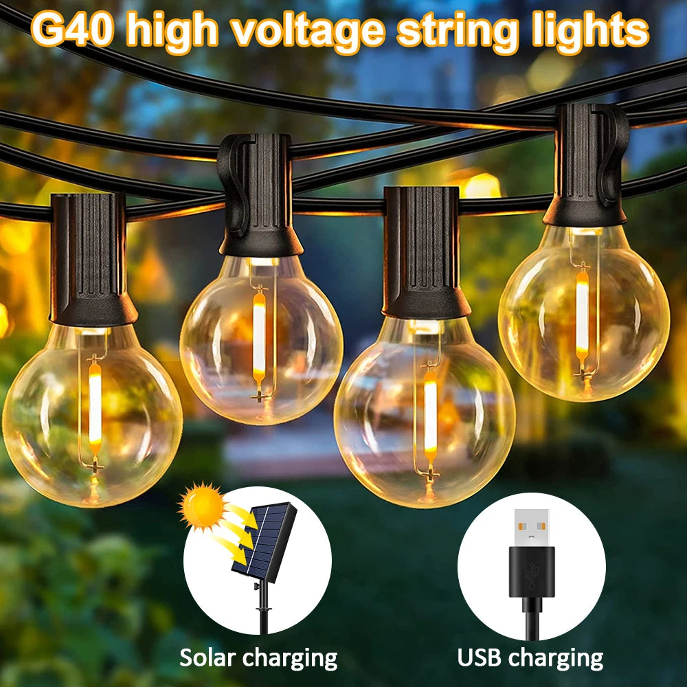 Solar String Lights Outdoor G40 Patio Lights with LED Shatterproof Bulbs,Weatherproof Hanging Lights for Backyard Bistro