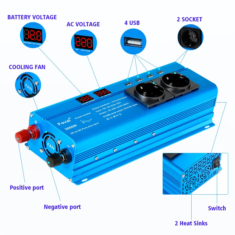 Pure Sine Wave Inverter DC 12V to AC 220V 230V 1500W/2200W/2600W Voltage Transfer Converter Universal EU Socket Auto Accessories