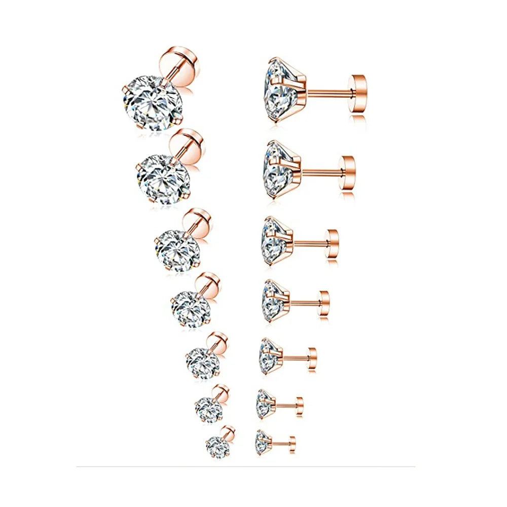 1Pair Stainless Steel Crystal Flat Studs Women Men Bar Screw Back Tragus Round Clear Cubic Zirconia Piercing Earrings Jewelry