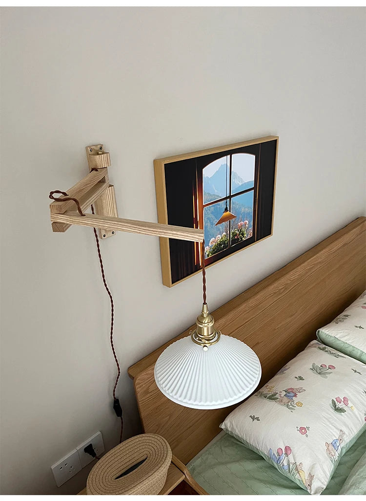 Vintage foldable solid wood walnut wood wall lamp wabi-sabi Japanese brass ceramic homestay bedroom bedside wall lamp