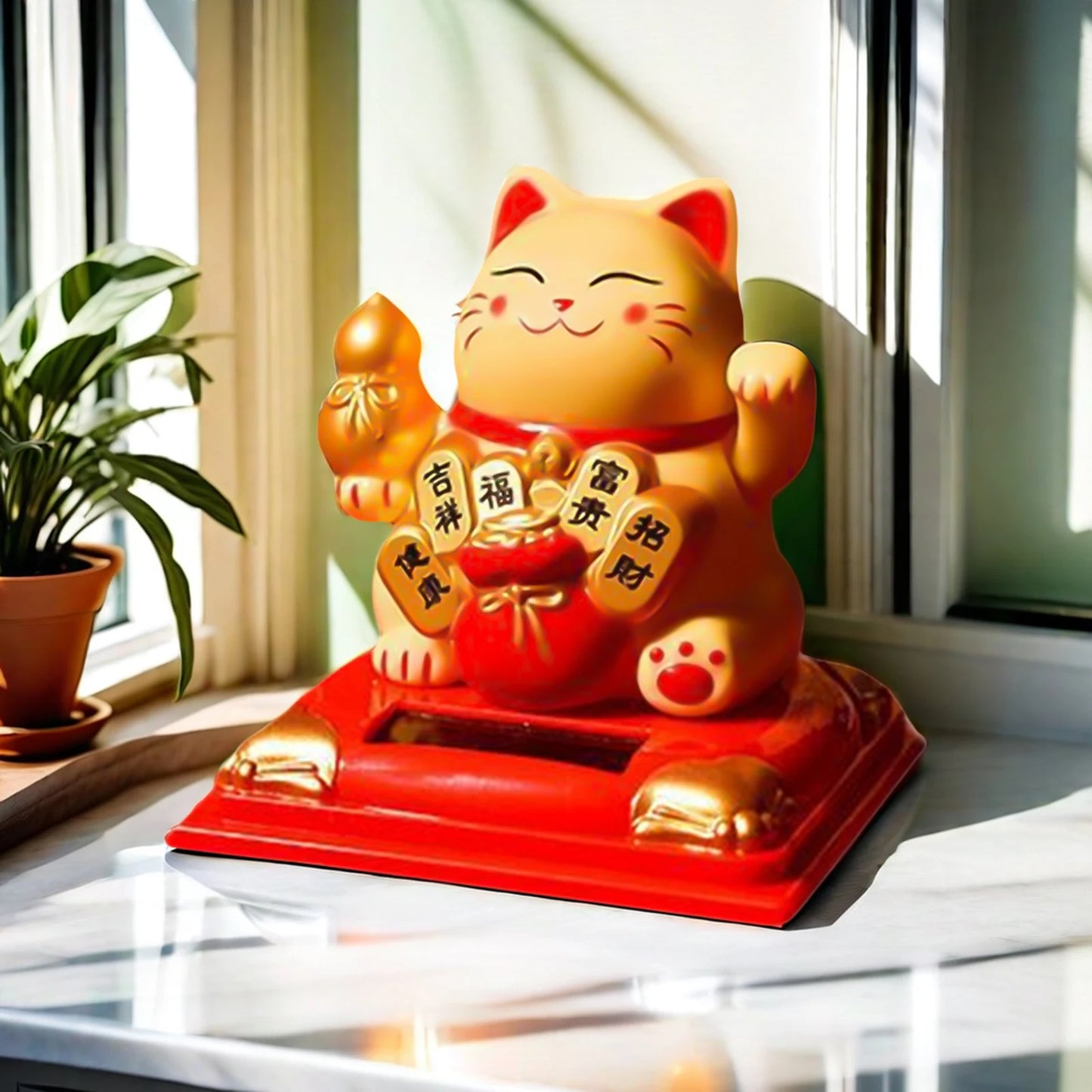 Solar Powered Maneki Neko Lucky Cat Welcoming Chinese Lucky Cat Waving Hand Beckoning Fortune Cat Figurines For Home Decor