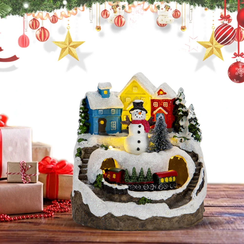 Christmas Village House with LED Lights and Music Rotating Train Resin Christmas Village Building Christmas Gift Home Decoration