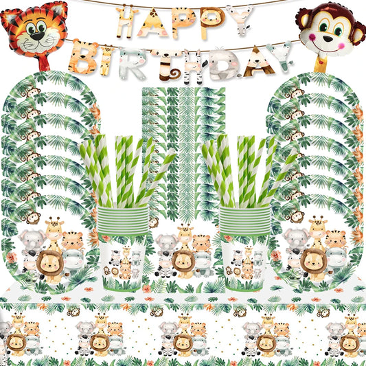 Jungle Birthday Disposable Tableware Wild One Paper Plates Cups Napkins Tablecloth Safari Jungle Animals Theme Party Decorations