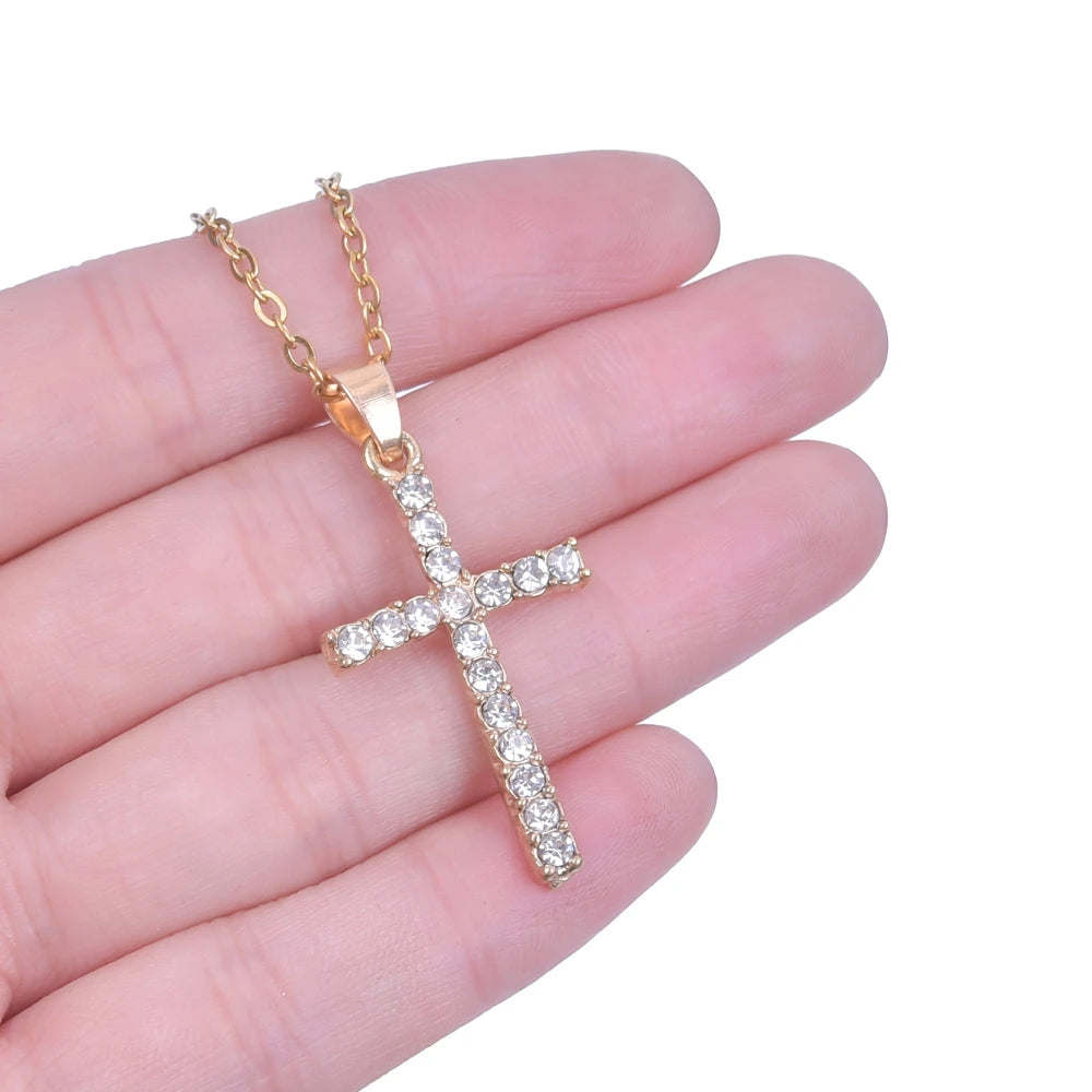 Women Necklace Jewelry Chain Fashion Cross With Rhinestone Pendant Necklace Stainless Steel Choke Ring Women Accessories New