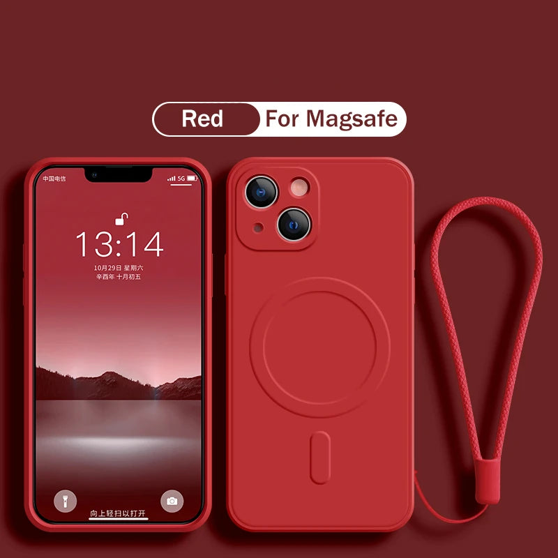 For Magsafe Magnetic Wireless Charge Case For iPhone 15 16 14 13 12 11 Pro Max Mini XR XS Plus Soft Liquid Silicone Strap Cover