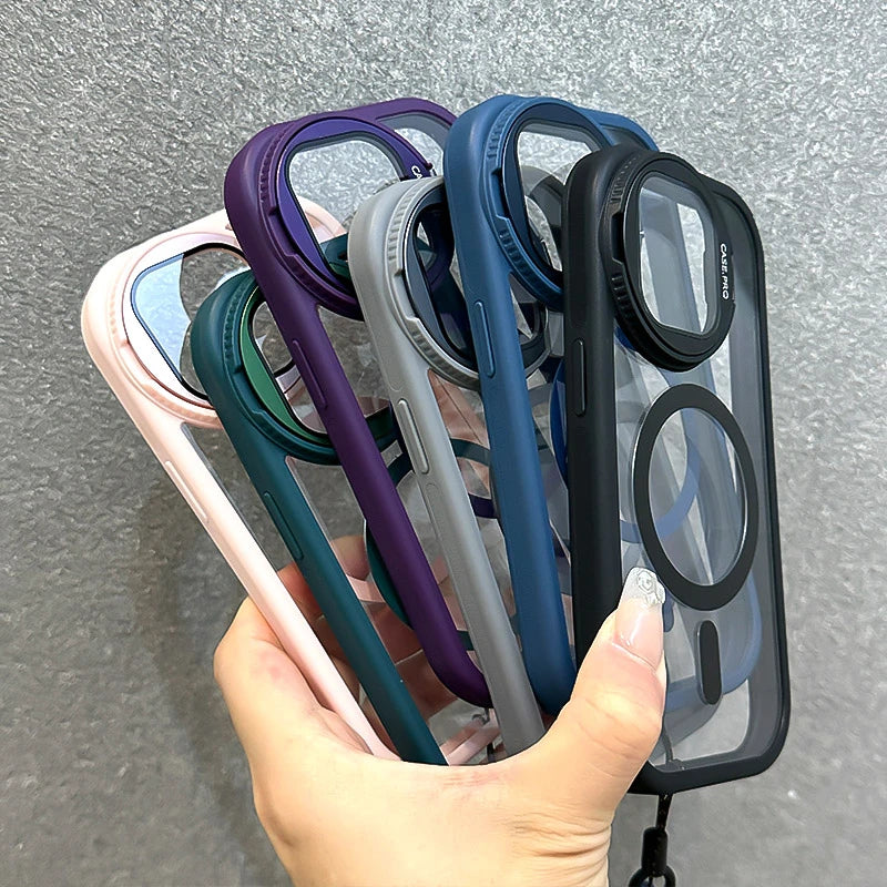 Fold Glass Lens Stand Magnetic Transparent Case For iPhone 16 15 14 13 12 11 Pro Max For Magsafe Wrist Strap Shockproof Cover