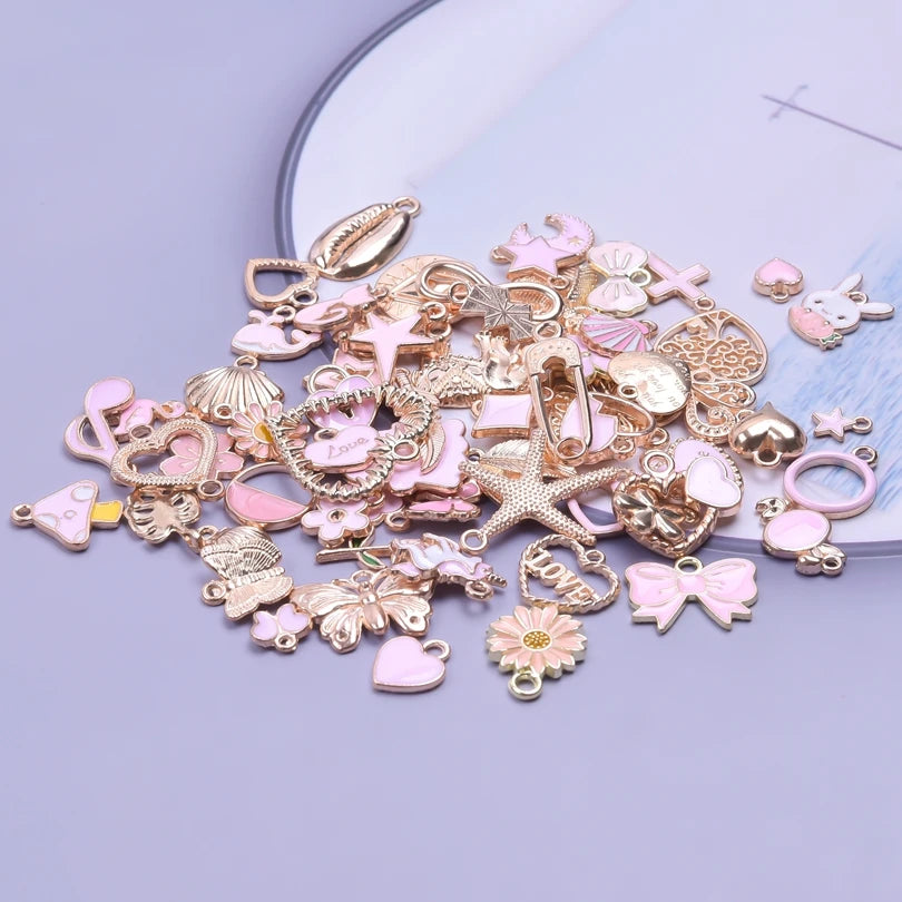 Enamel Alloy Heart Leaves Mushroom Pink Gold Color Charms Shell Starfish diy Women Bracelet jewelry making Mix Pendant Accessory