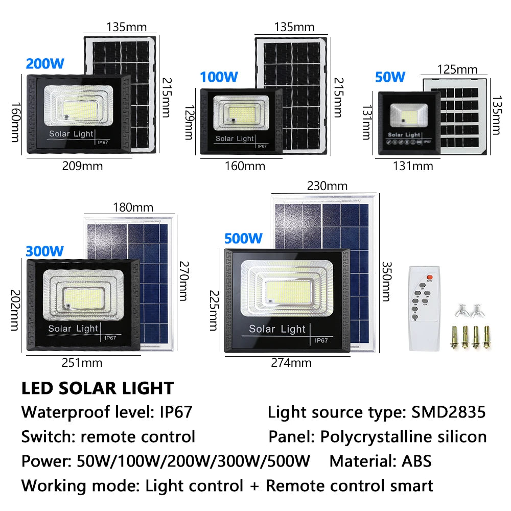 LED Solar Light 100w 200w 300w 500w Powerful Waterproof Outdoor Garden Solar Reflector Spotlights With Remote Control Solar Lamp