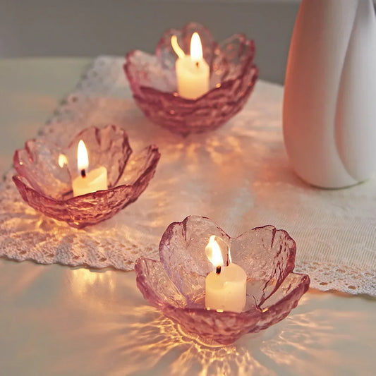 Modern Style Pink Flower Candle Holder Glass Candlestick Crafts Home Decoration Wedding Table Decor Crystal Candle Container