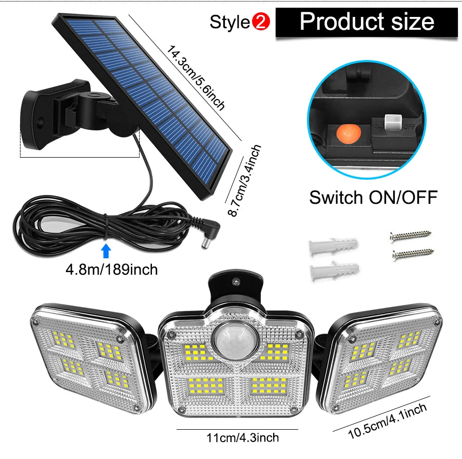 20w Solar Light 122/333led IP65 Waterproof Outdoor Indoor Solar Garden Lamp With Adjustable Head Wide Lighting Angle With 3 Mode