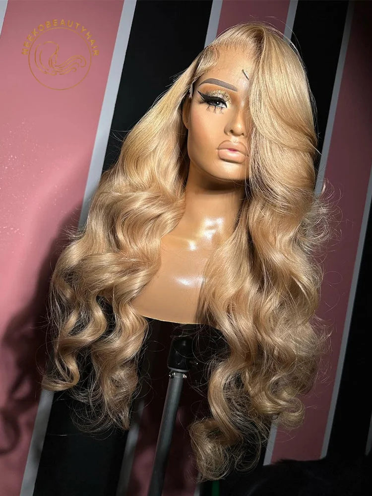 Honey Blonde Colored Body Wave Lace Front Human Hair Wig Color 27 Pre Plucked 13x6 Transparent Lace Frontal Wigs For Women