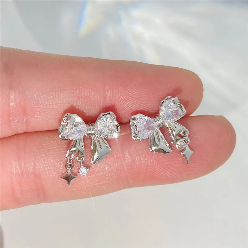 Y2K Bowknot Zircon Stud Earrings for Women Fashion Korean Silver Color Pink Crystal Personality Earring Girl Party Jewelry Gifts