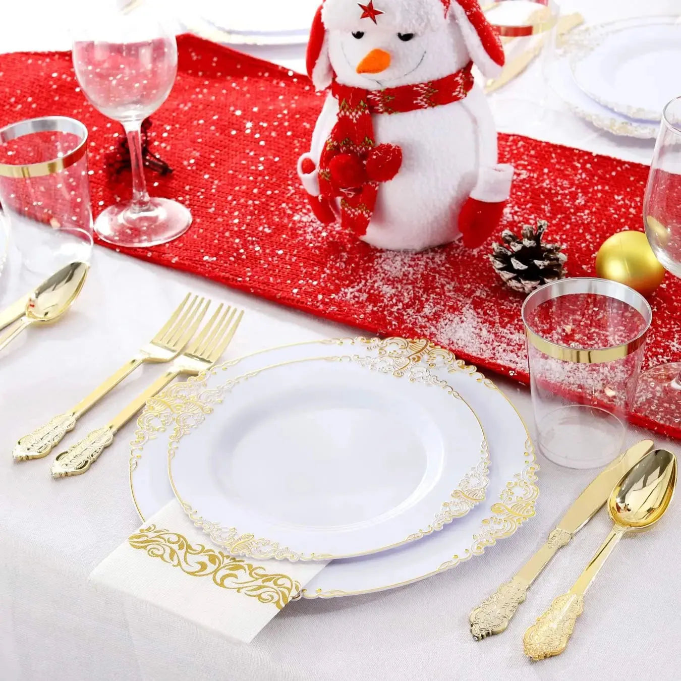 Multi piece set -disposable gold-plated embossed plate with PS hard plastic tableware, knives, forks, spoons for various parties