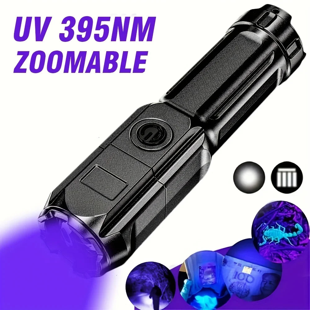 Portable UV Flashlight UV395NM Zoomable ABS Torch 3 Modes Camping Ultraviolet Flashlights For Pet Stacks Fluorescent Detection