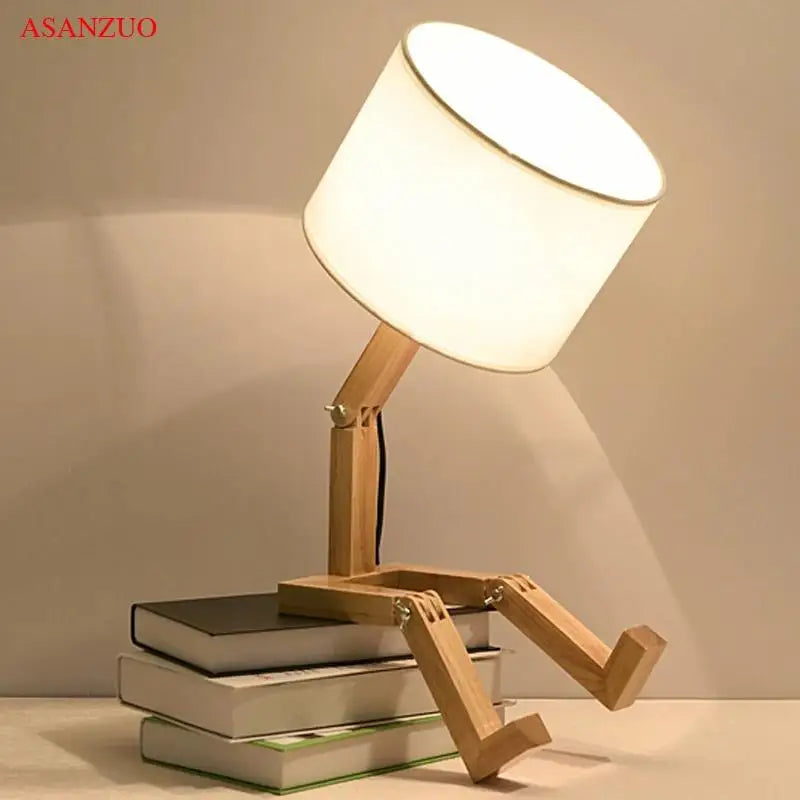 Wooden Robot Shaped Table Lamp Art Decor Home Living Room Bedroom bedside lamps Study Desk Lamp E14 Wood Luminaires