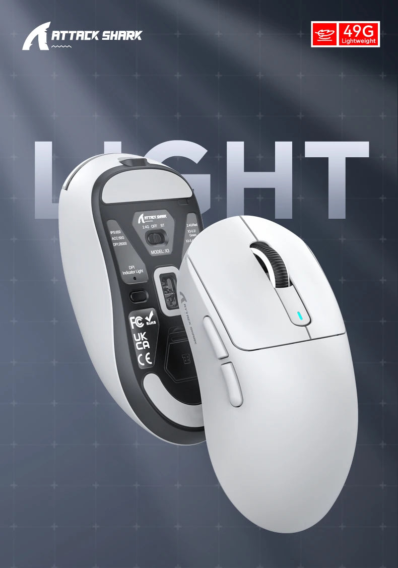 ATTACK SHARK X3 PAW3395 Bluetooth Mouse 2.4G Tri-Mode Connection,26000dpi,650IPS,49g Lightweight Macro Gaming Mouse