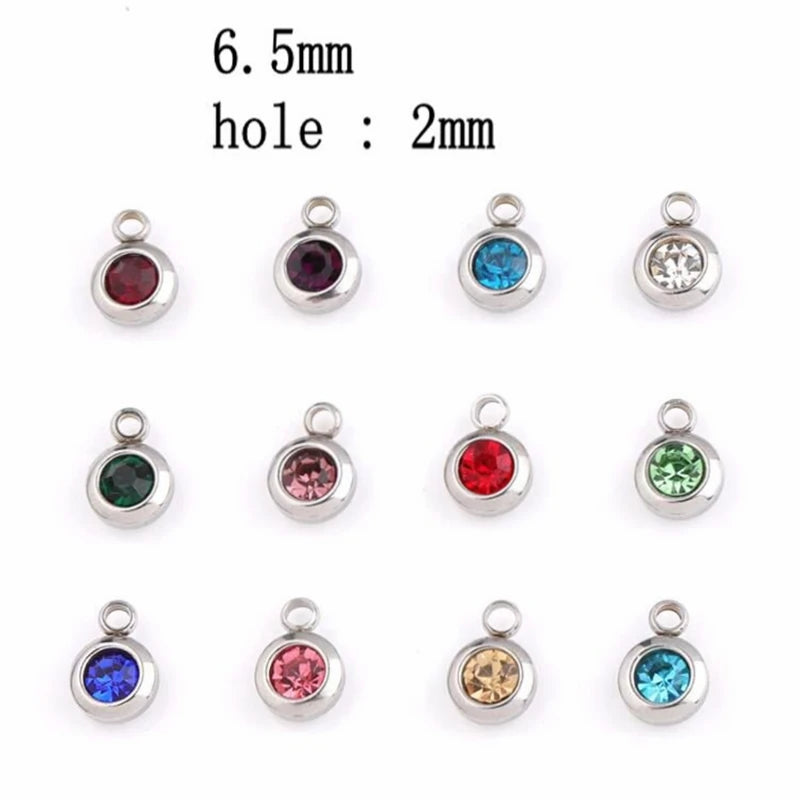 New 60 piece/lot Stainless Steel Crystal Pendant steel Gold Color 12 Birthstone Charm Round 6mm 6.5mm Rhinestones Charms