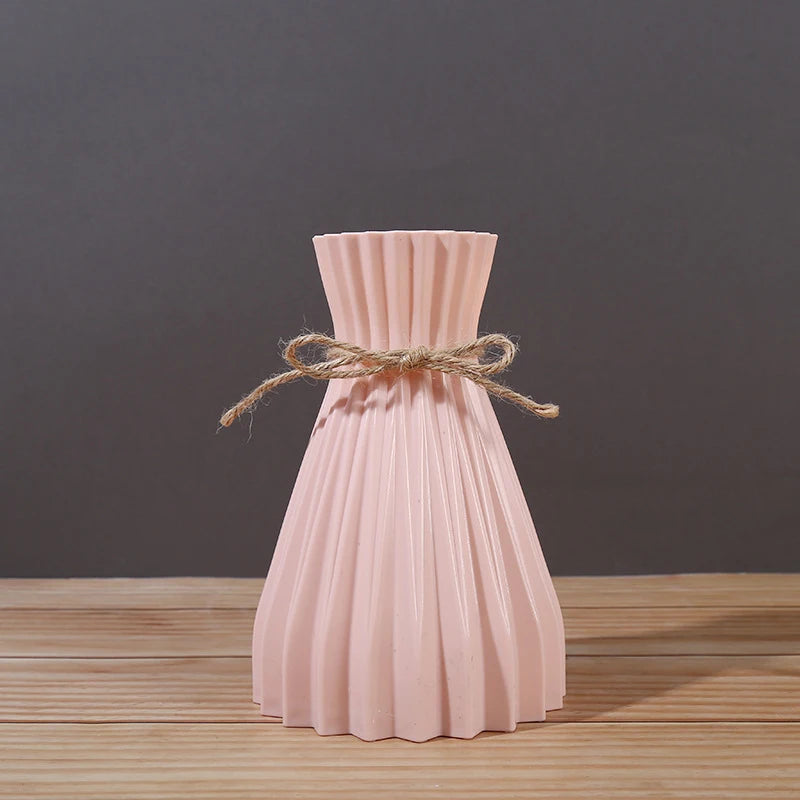 1Pc Narrow Waist Origami Striped Tabletop Vase Simple Home Decor Creative Twine Bow Imitation Ceramic Plastic Flower Vase