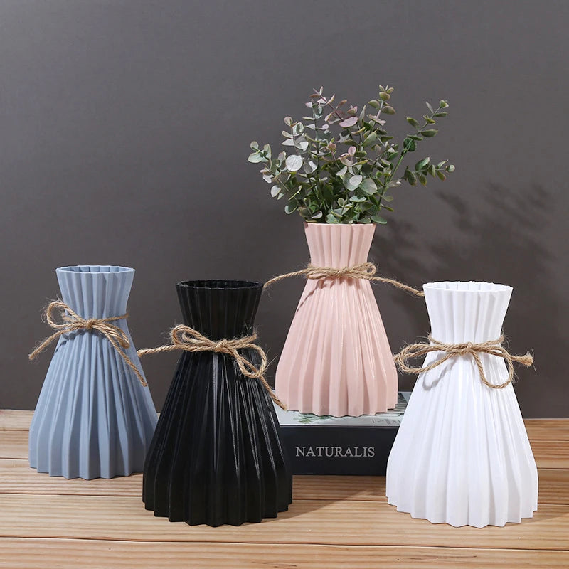 1Pc Narrow Waist Origami Striped Tabletop Vase Simple Home Decor Creative Twine Bow Imitation Ceramic Plastic Flower Vase