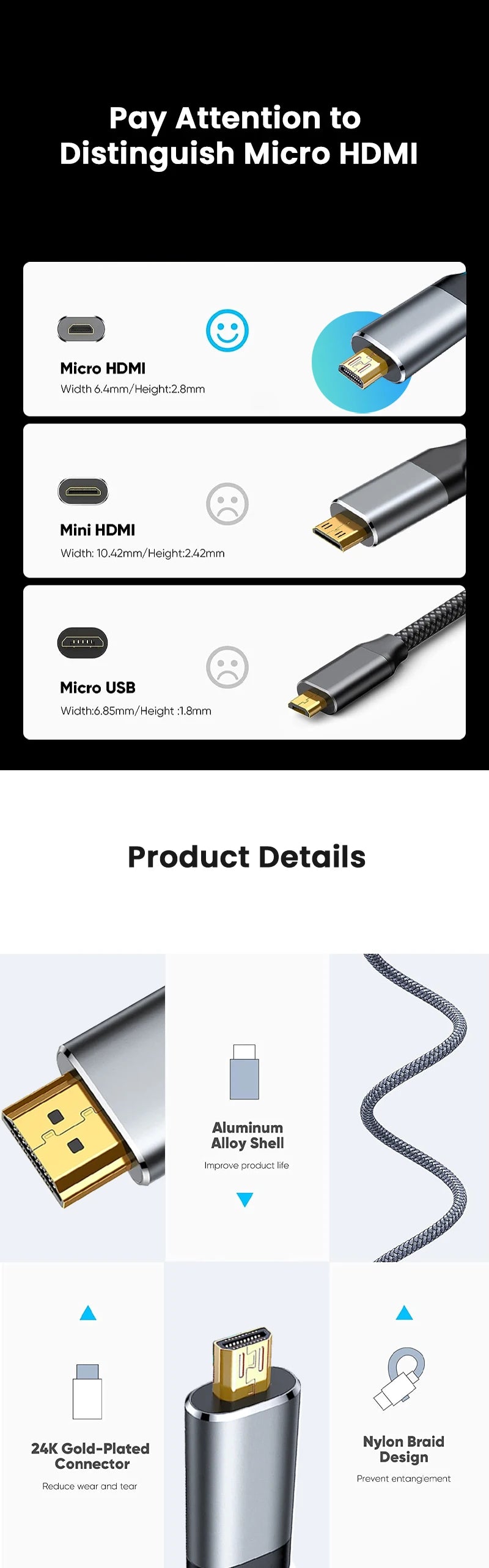 NIERBO Micro HDMI to HDMI Cable Male to Male Braided Cord Adapter 2.0 4K@60HZ 2K@165HZ 18Gbps Compatible with Camera Monitor