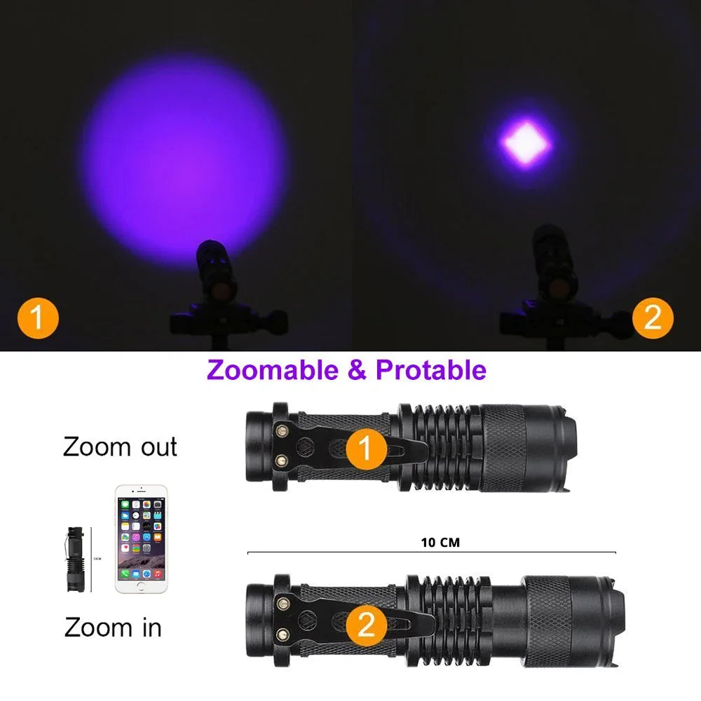 UV Portable Flashlight 365/395nm Black Light Mini Flashlight Zoom LED Ultra Violet Flashlights for Fluorescence Detection Torch