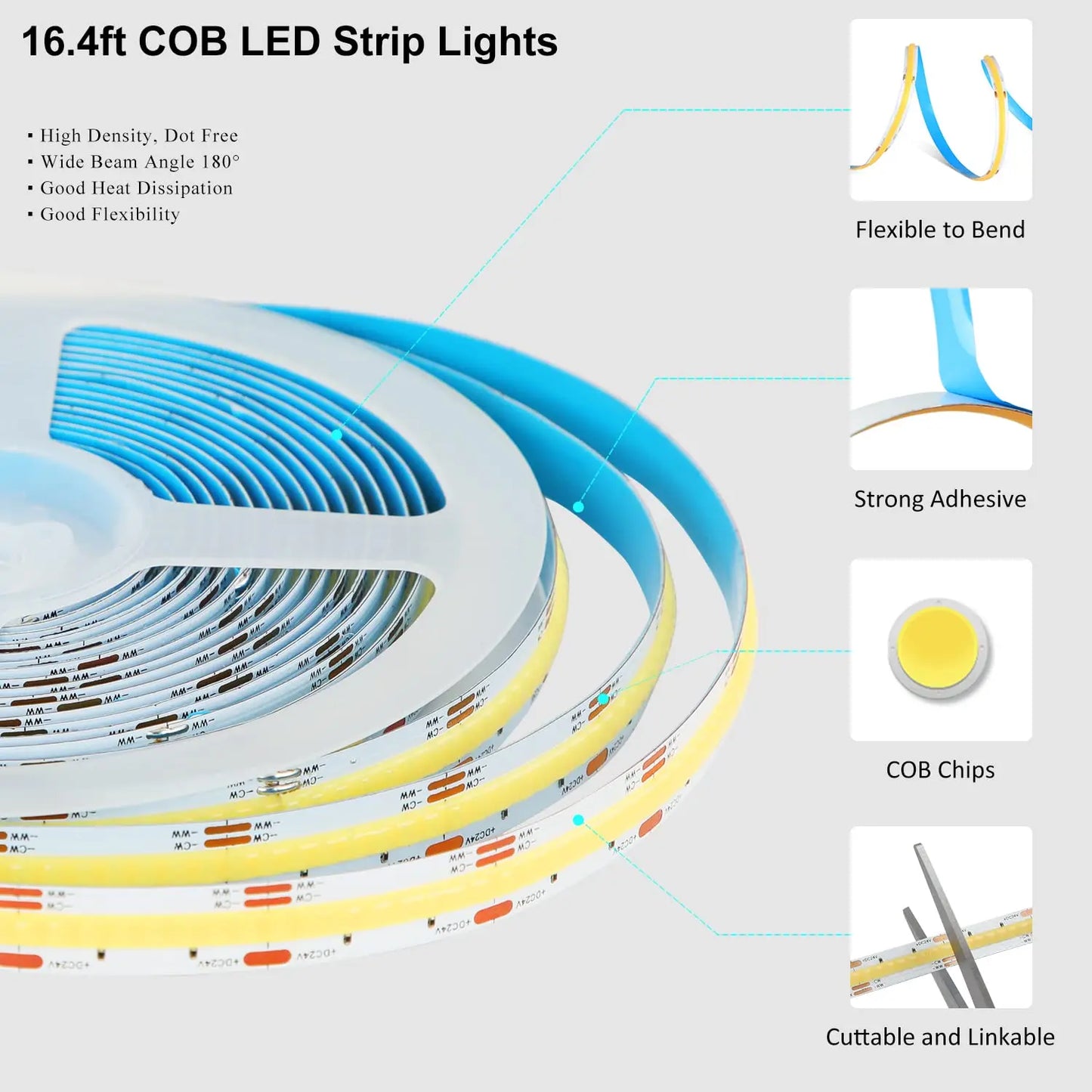 12V 16.4ft Cob Flexible Cool White, Natural Light, Warm,LED Strip Light, Cabinet, Bar, Counter, Living Room (without Power Suppl