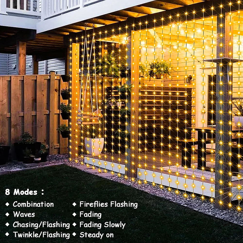 Outdoor Solar Curtain Light 300LED Waterproof String Lights Garden Yard Pavilion Fairy Garland String Lights Holiday Decor Light