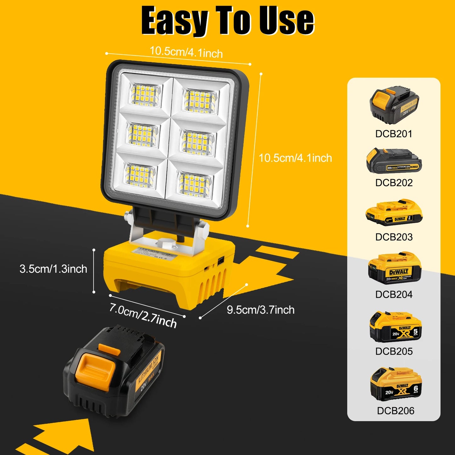 5200LM Portable 48W LED Work Light Cordless Work Light Adjustable Base Rechargeable LED Flood Light for DeWalt No Battery