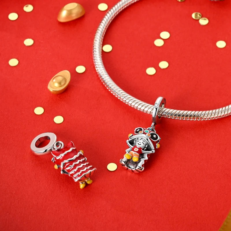 New 925 Sterling Silver New Year Series Lucky Cat God Of Wealth  Lion Dance Pendants Charms Beads Fit DIY Bracelets Jewelry Gift