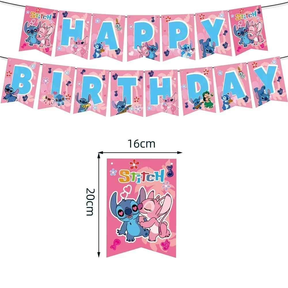 Disney Children's Party Decoration Pink Cartoon Interstellar Stitch Angel Series Disposable Tableware Flag Balloon