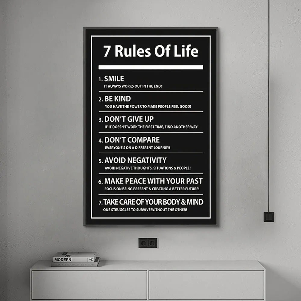 7 Rules of Life: Inspiring Letter Black Prints Motivational Quote Canvas Poster for Home Office Decor