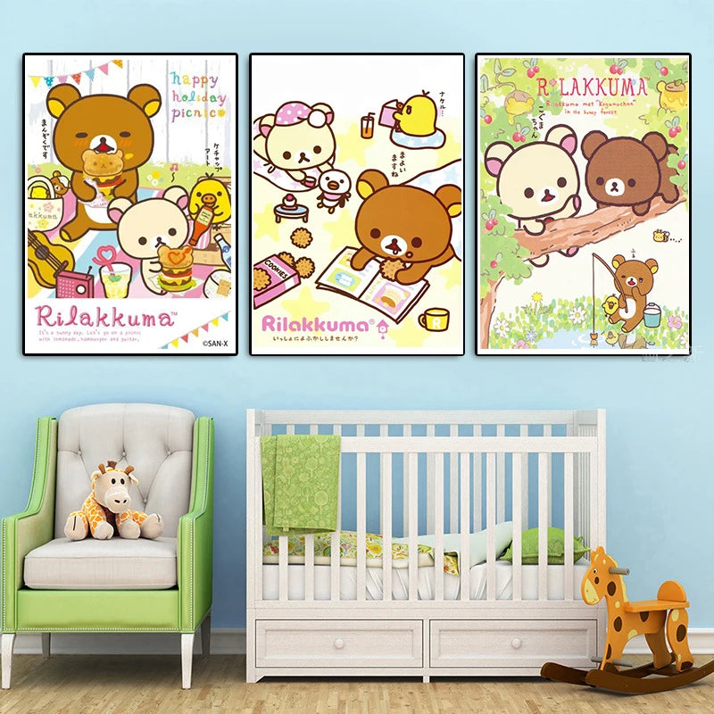 Japan Anime Cute Cartoon Rilakkuma Poster For Wall Art Canvas Print Manga Bear Chick Cat Reading Nursery Kids Kawaii Room Decor