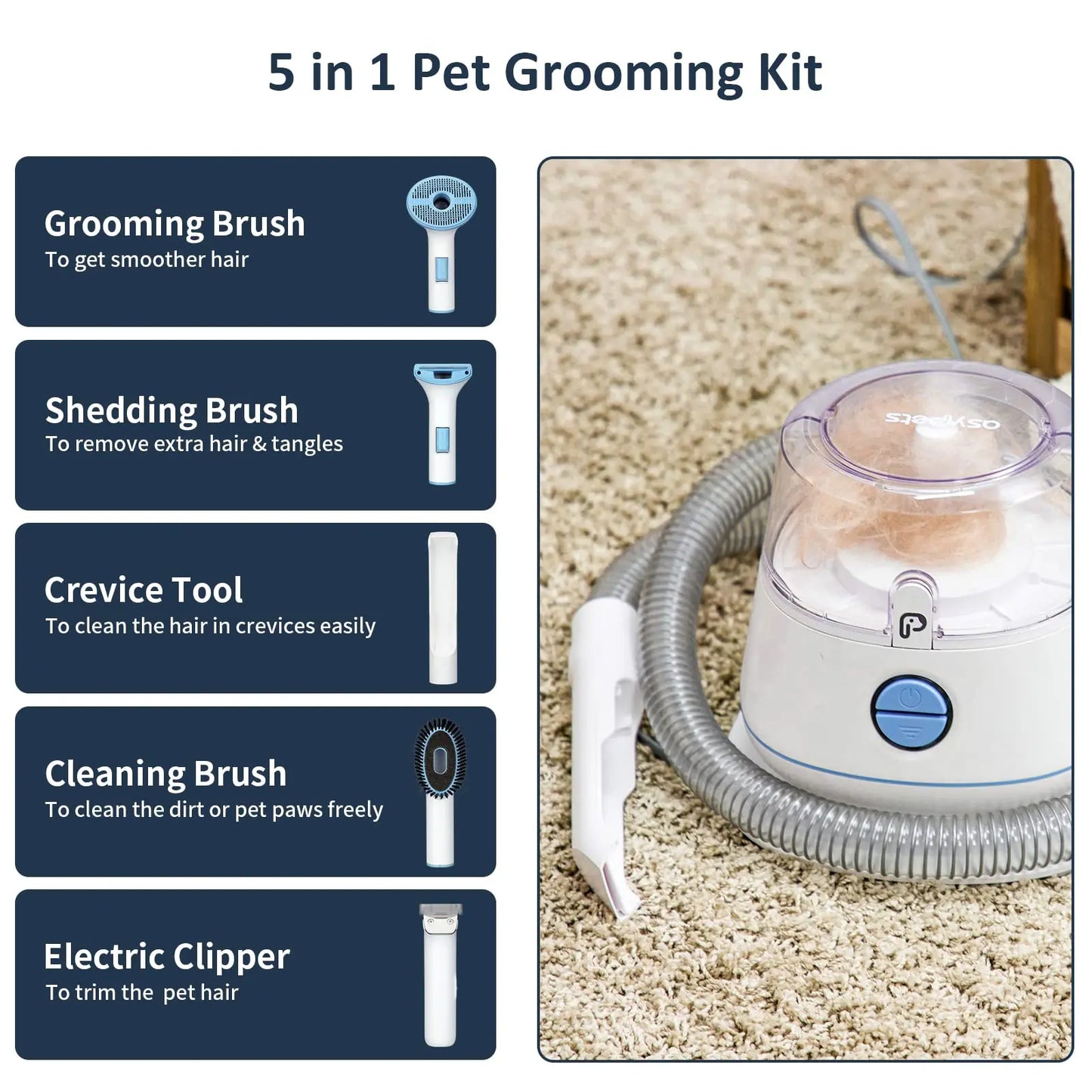 Pet Grooming Vacuum Use Conical 360-degree Air Intake Metal Mesh Design, Low Noise Pet Hair Vacuum with 5 Pet Grooming Tools