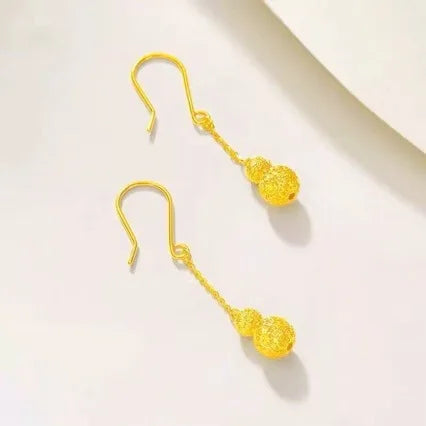 New 999 pure gold earrings for women long tassel real gold earrings leaves 24K ear hook gourd AU999 transfer bead jewelry