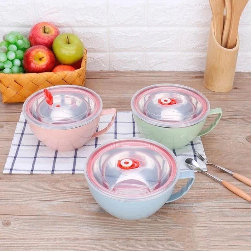 1PCS Stainless Steel Bowl with Handle Solid Color Anti Scalding Instant Noodles  Mixing Bowl Kitchen Tableware Food  Accessory