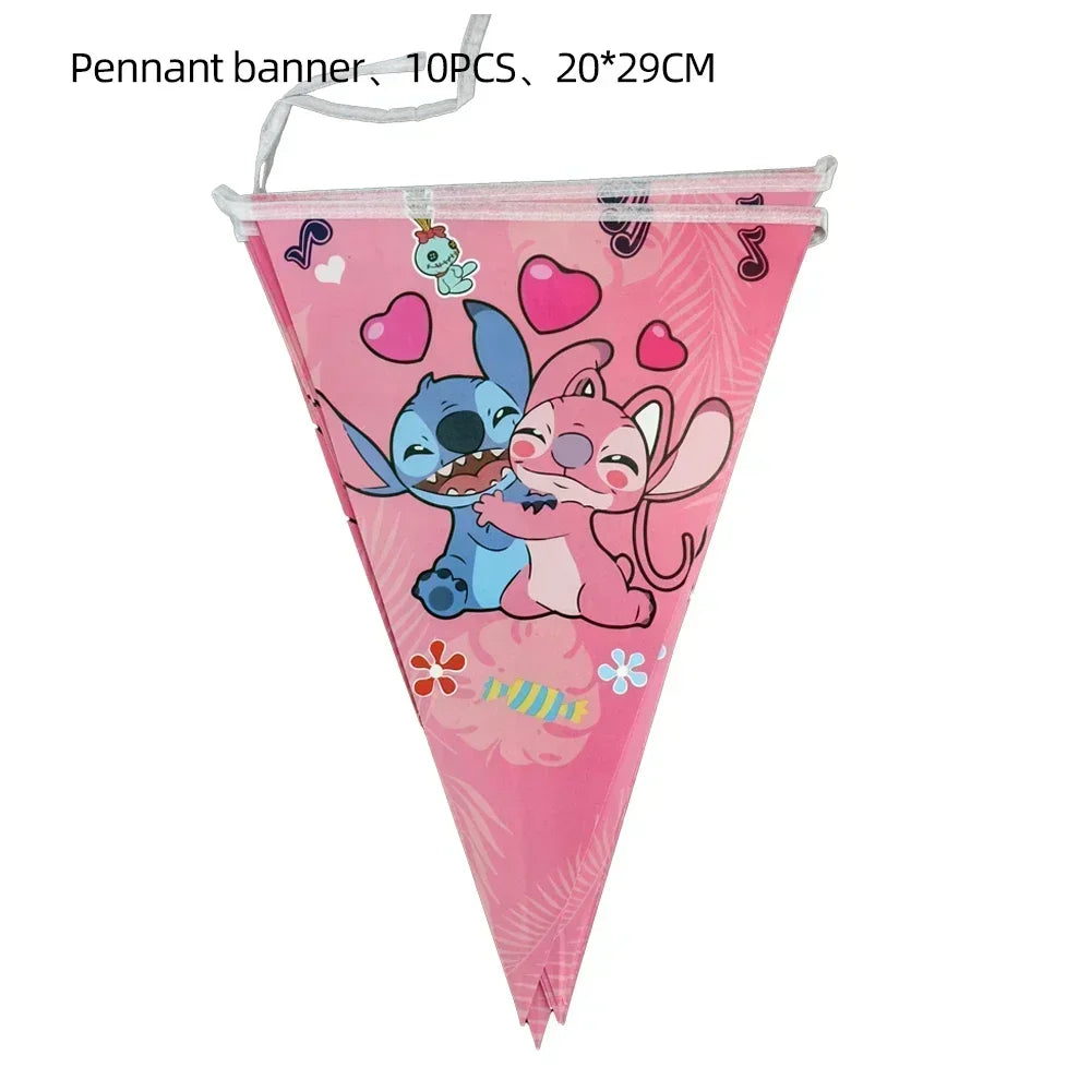 Disney Children's Party Decoration Pink Cartoon Interstellar Stitch Angel Series Disposable Tableware Flag Balloon