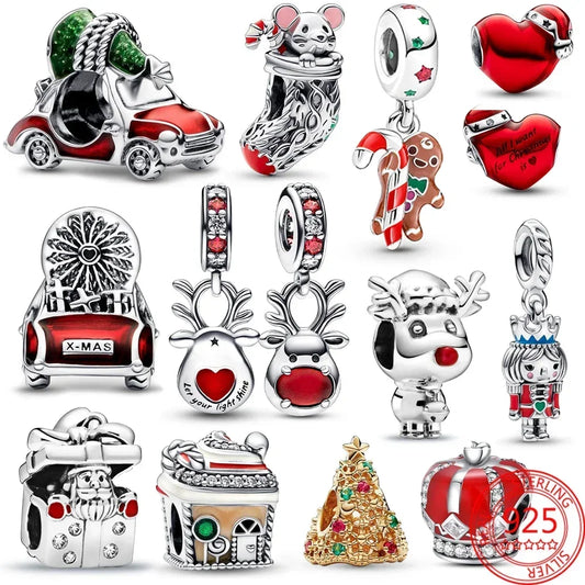 Christmas Series 925 Sterling Silver Hat Heart Red Reindeer Festive Car & Christmas Tree Dangle Charm Fit DlY Bracelet Necklaces