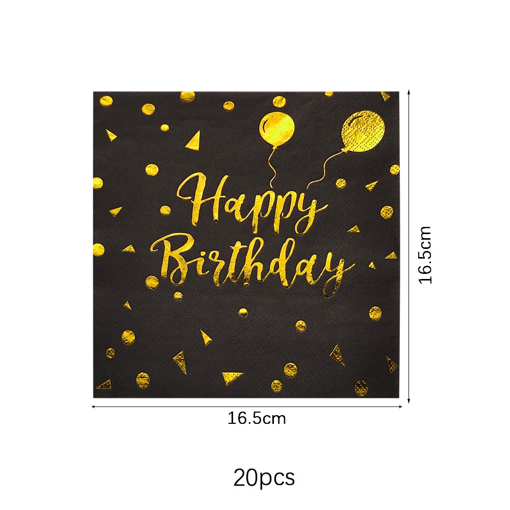 Black Gold Birthday Disposable Tableware Set Paper Plates Cups Napkins Tablecloth Adult Happy Birthday Party Decoration Wedding