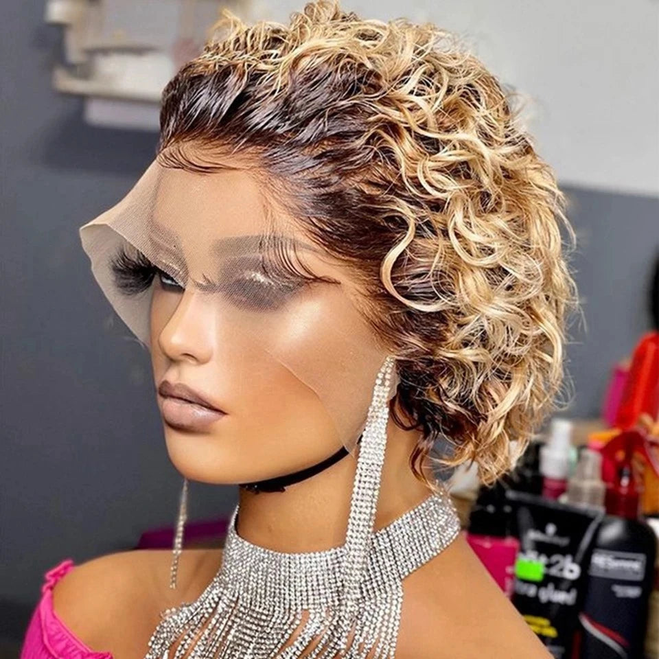 Pixie Cut Wig 99J Color Lace Wig Spring curl Short Bob Human Hair Wig For Women Natural Black Color Blonde Jarin Hair Cheap Wig