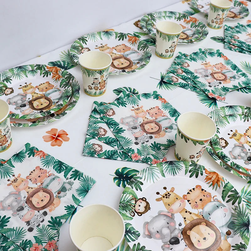 Jungle Safari Birthday Decorations Animal Disposable Tableware Forest Woodland Baby Shower Boy 1 2 3 4 5 Birthday Party Supplies