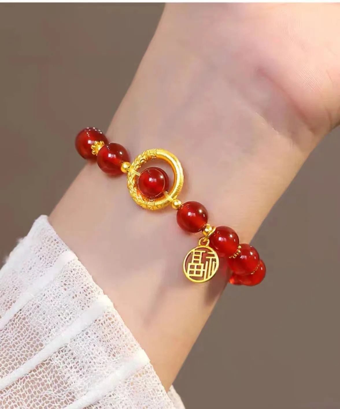 Real gold and red agate acacia bean bracelet AU999 pure gold fortune brand bracelet womens temperament 24k jewelry wholesale