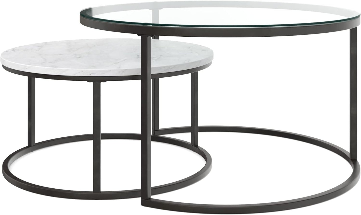 Nathan James Stella Round Modern Nesting Set of 2, Stacking Living Room Accent Tables with Wood, Glass or Faux Marble