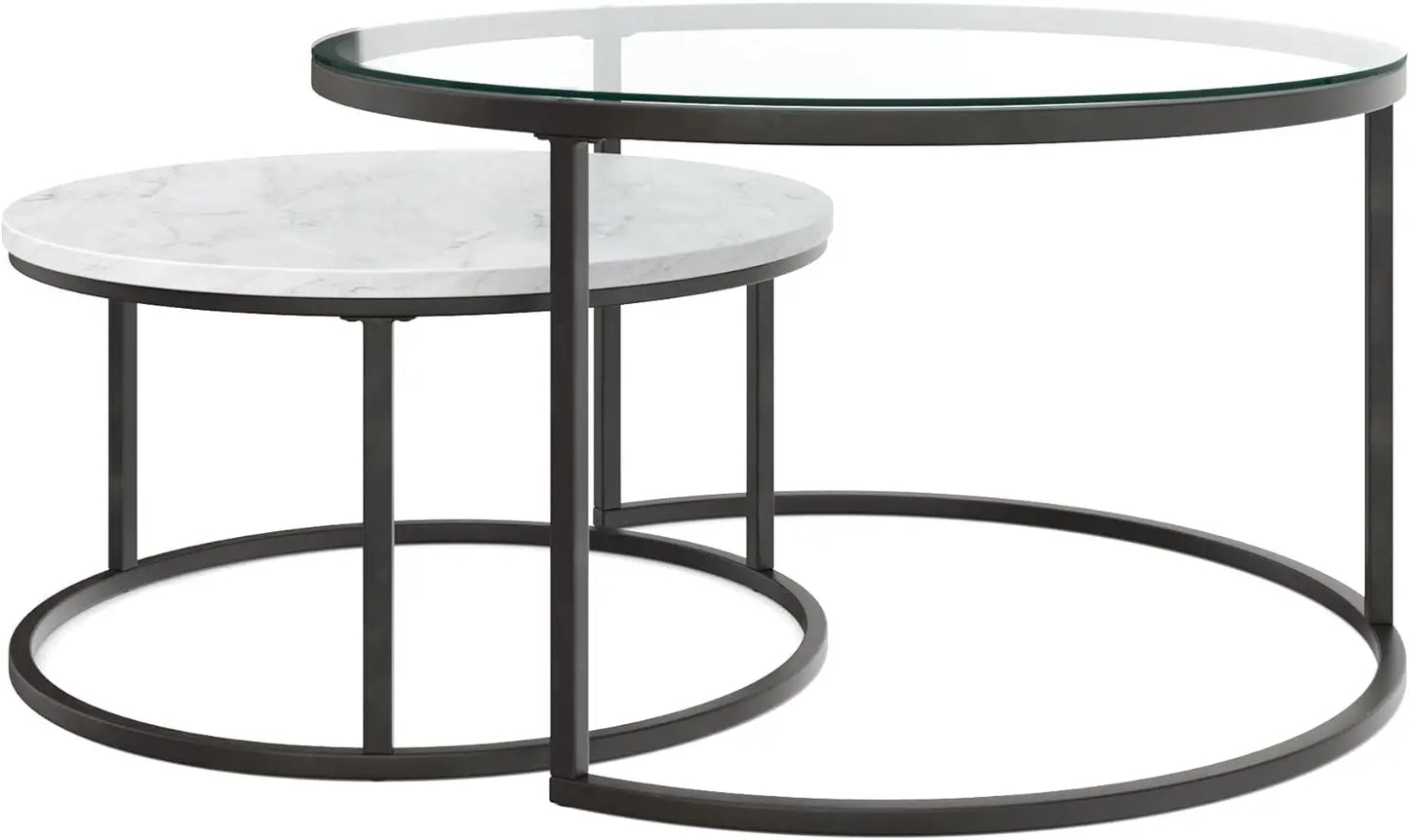 Nathan James Stella Round Modern Nesting Set of 2, Stacking Living Room Accent Tables with Wood, Glass or Faux Marble