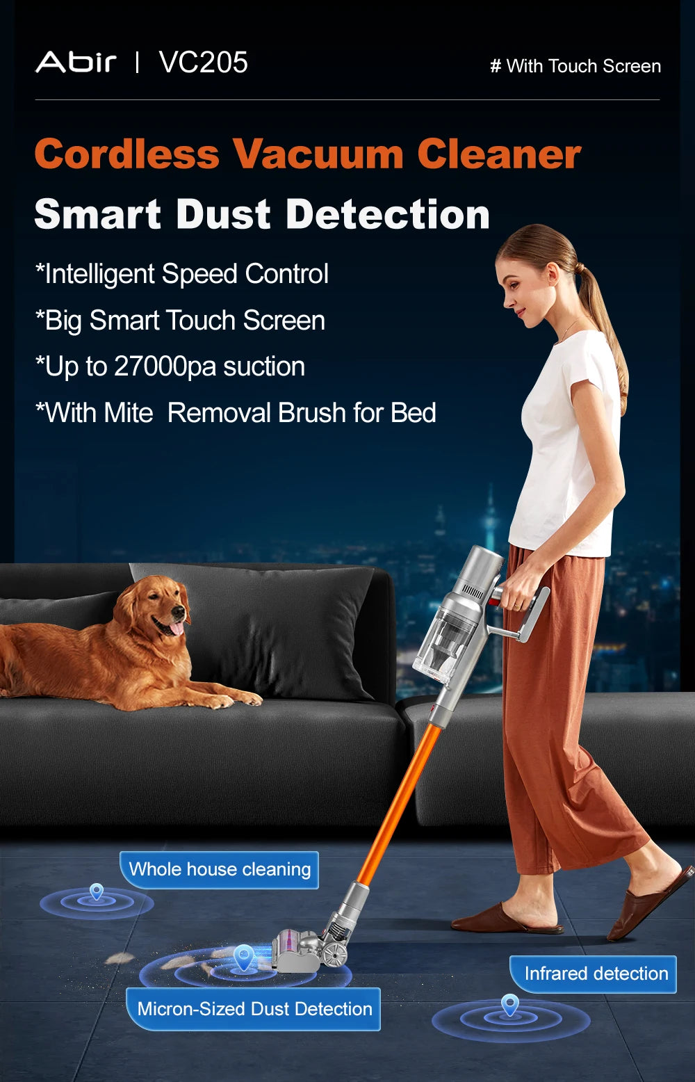 ABIR VC205 Cordless Handheld Vacuum Cleaner,27000PA,Touch Screen,Smart Dust Sensor,Auto Speed Control for Home Bed Carpet Clean