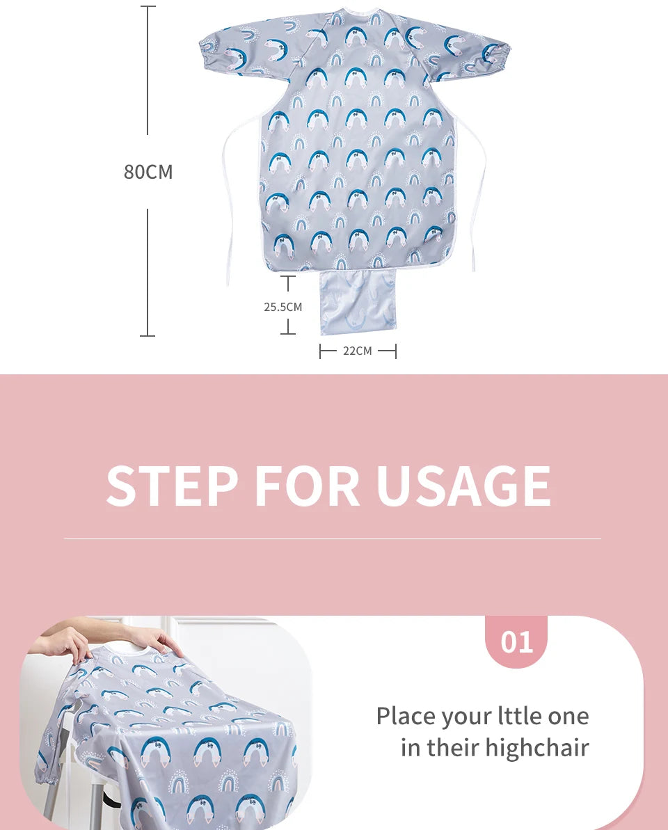 HappyFlute New 1PC Table Use Full Coverage Pocket Waterproof Printed Long Sleeve Coverall Packable Baby Feeding Bibs