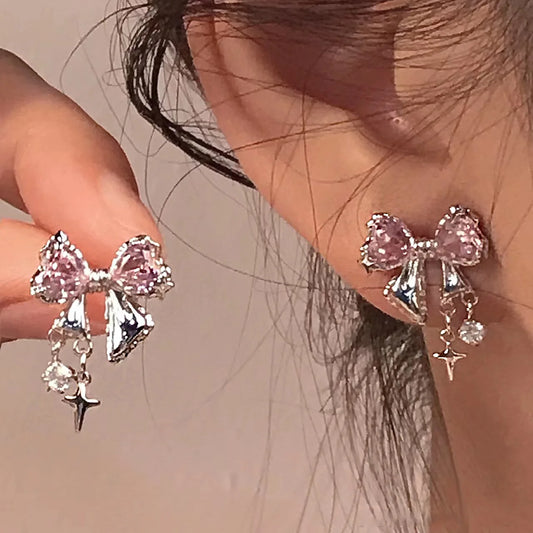 Y2K Bowknot Zircon Stud Earrings for Women Fashion Korean Silver Color Pink Crystal Personality Earring Girl Party Jewelry Gifts