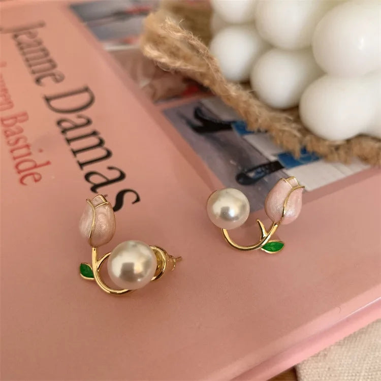 Sweet Fashion Enamel Pearl Tulip Flower Stud Earrings for Women Korean Temperament Zircon Back Hanging Earring Wedding Jewelry